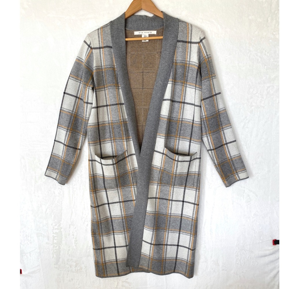 MAX STUDIO Women's Plaid Long Open‎ Front Heavy Cardigan Sweater M